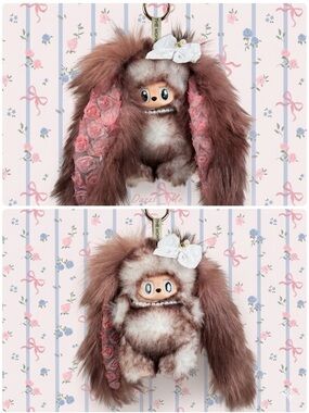 (21) Plush Bunny Keychain - Brown & Cream Faux Fur with Pearl Accent